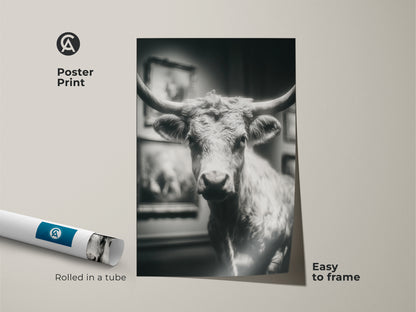 Poster print of a black and white photograph of a Texas Longhorn bull. The artwork is rolled in a tube for easy framing. An affordable way to add western style to your home decor. This striking animal art is sure to impress.