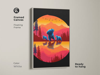 Framed canvas of the Blue Bear Family art. The retro mountain landscape canvas has a floating frame in White. It's ready to hang wildlife animal canvas art. Its a unique animal landscape art.