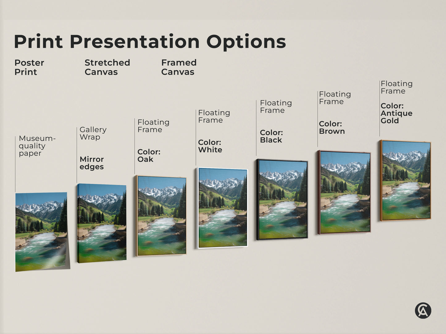 Explore print presentation options. Choose from poster prints stretched canvas and framed canvas. The artwork features a snowy mountain river landscape with museum quality edges and floating frames.