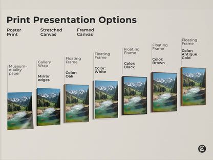 Explore print presentation options. Choose from poster prints stretched canvas and framed canvas. The artwork features a snowy mountain river landscape with museum quality edges and floating frames.