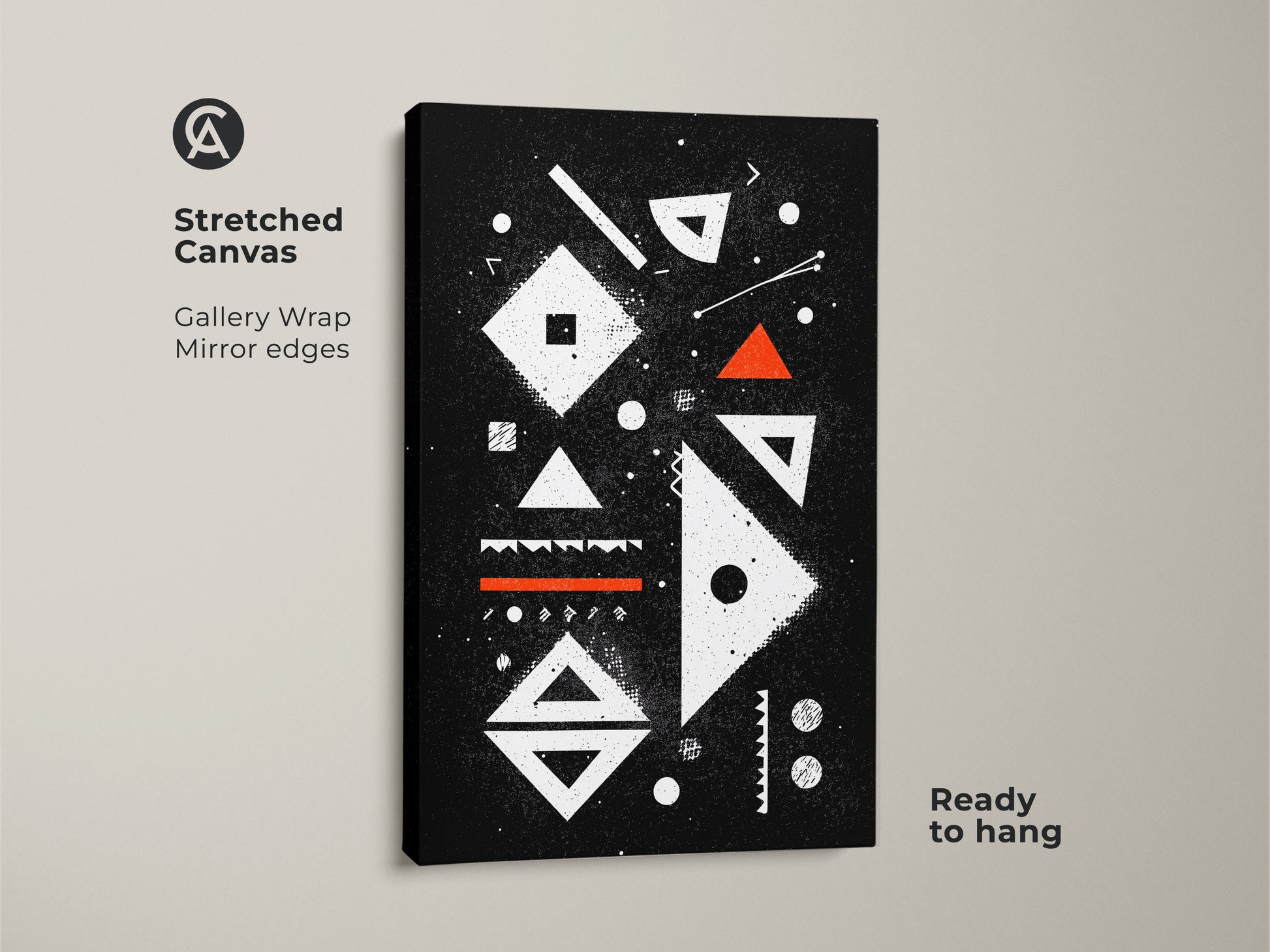 Stretched canvas showcasing abstract geometric artwork. This gallery-wrapped mid-century modern art print features mirror edges and is ready to hang. The black white and orange palette offers minimalist studio decor ideal for a creative workspace.
