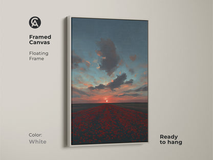 This framed canvas displays a vivid poppy field sunset with a striking crimson sky and teal accents. The white floating frame adds a clean modern touch to this impressionistic artwork. Ready to hang this landscape print enhances any space with its peaceful presence.