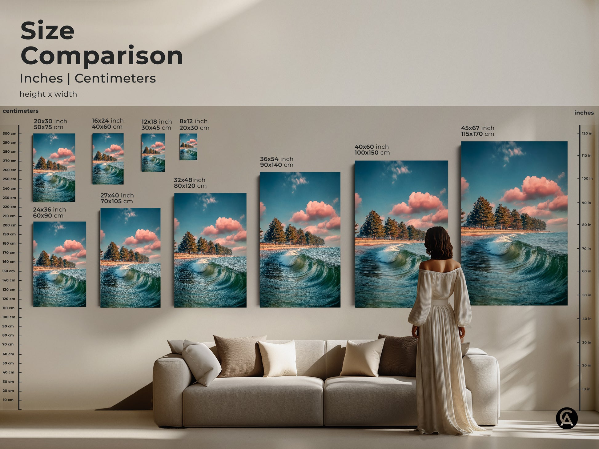Size comparison of coastal landscape prints. Teal pine tree beach artwork in different sizes. Visualize how the ocean wave art will look in your home. Choose from small to large sizes for your wall. Perfect for living room or bedroom decor.
