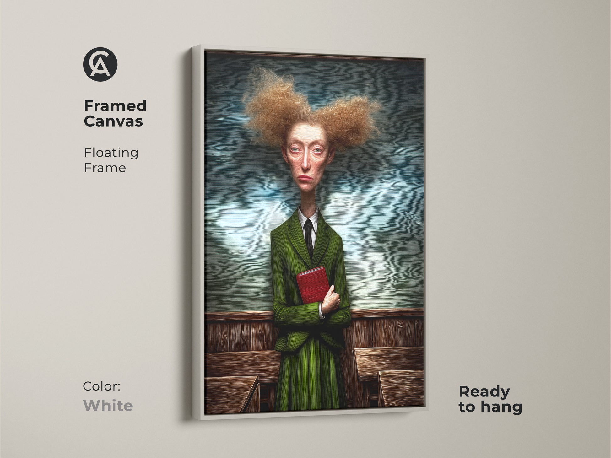 Framed canvas artwork displays a surreal woman portrait in a white floating frame. The woman is wearing a green suit and holding a red book. This quirky figurative wall art is ready to hang and perfect for adding an eclectic touch to any space. The white frame enhances its unique style.