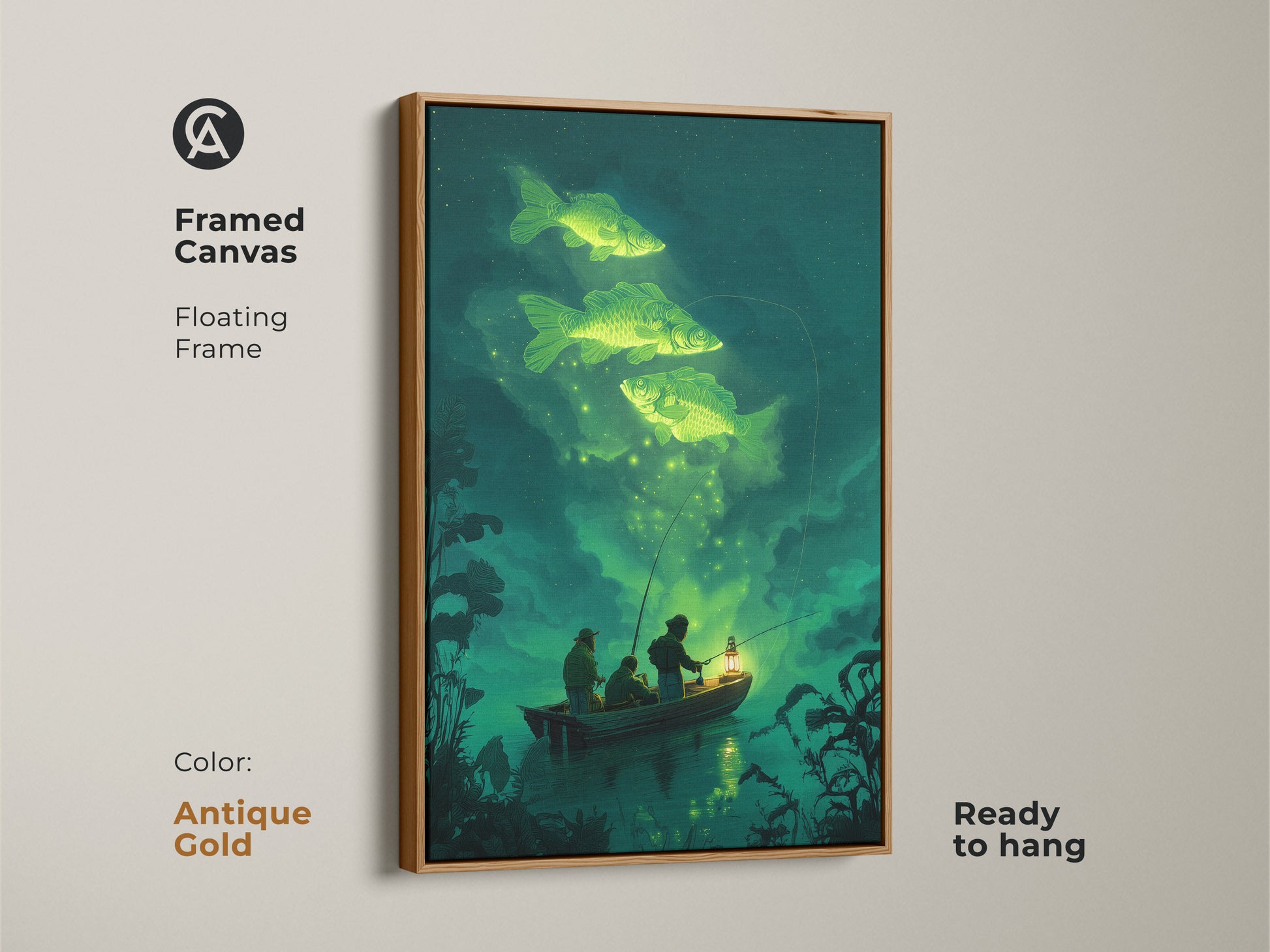 Framed canvas with an antique gold floating frame. The surreal emerald green artwork is ready to hang. This fantasy nature canvas art features fishermen in a rowboat. Glowing carp swim above. It's a unique gift for anglers and collectors.
