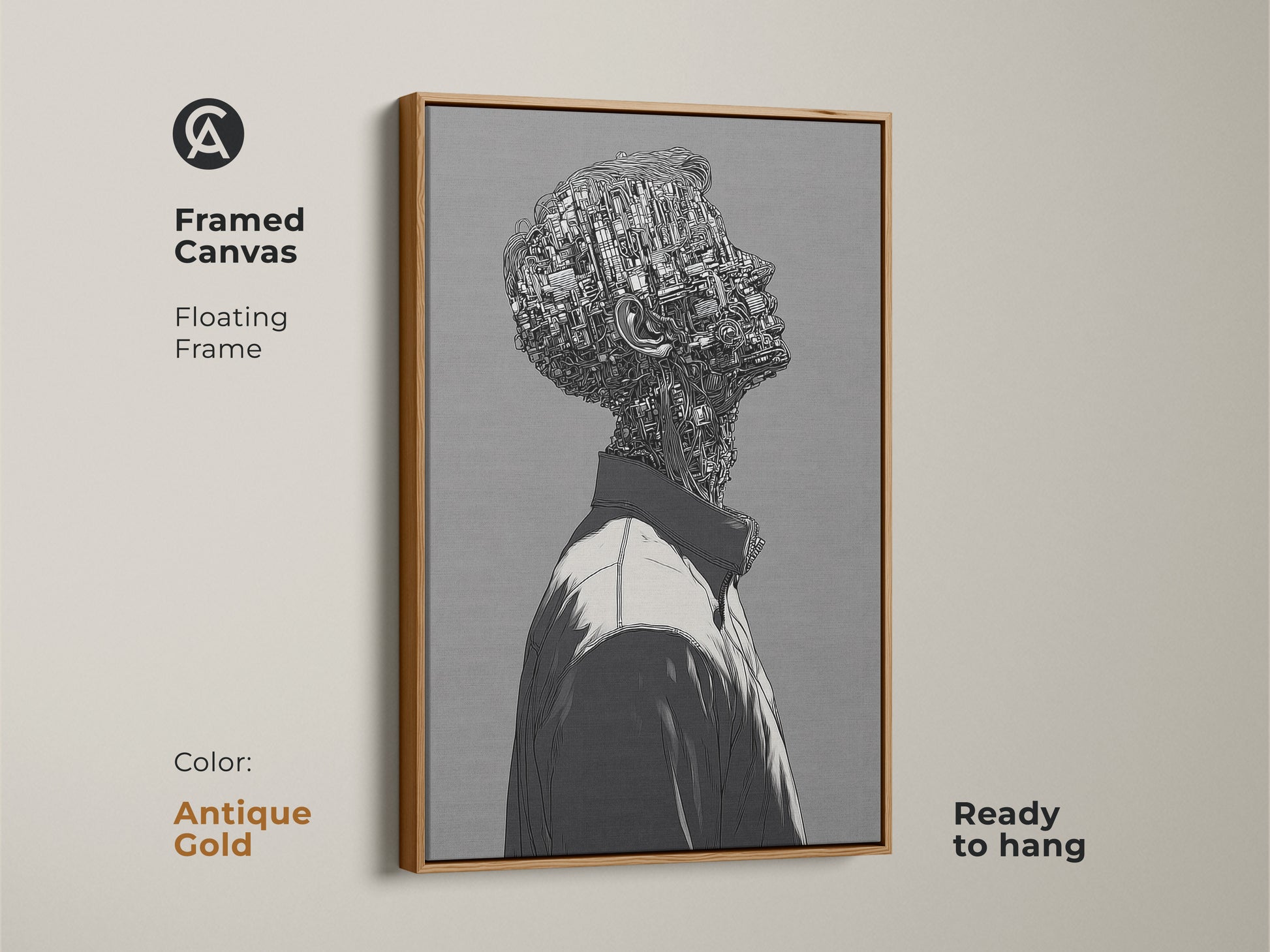 Framed canvas art print of a cyborg man looking up. The artwork is in an antique gold floating frame. The art is ready to hang. Add a touch of elegance with this unique artwork.