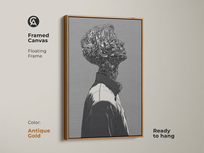Framed canvas art print of a cyborg man looking up. The artwork is in an antique gold floating frame. The art is ready to hang. Add a touch of elegance with this unique artwork.