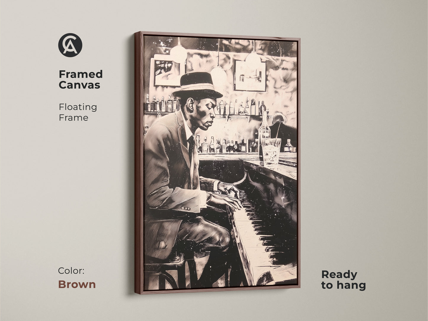 This framed canvas print features a floating frame in brown showcasing a man playing piano at a bar. Ready to hang this artwork adds musical elegance to any room. The brown frame enhances the monochrome art. Elevate your home decor with this stylish piano art print.
