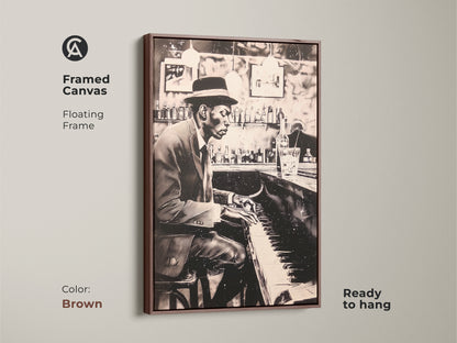 This framed canvas print features a floating frame in brown showcasing a man playing piano at a bar. Ready to hang this artwork adds musical elegance to any room. The brown frame enhances the monochrome art. Elevate your home decor with this stylish piano art print.