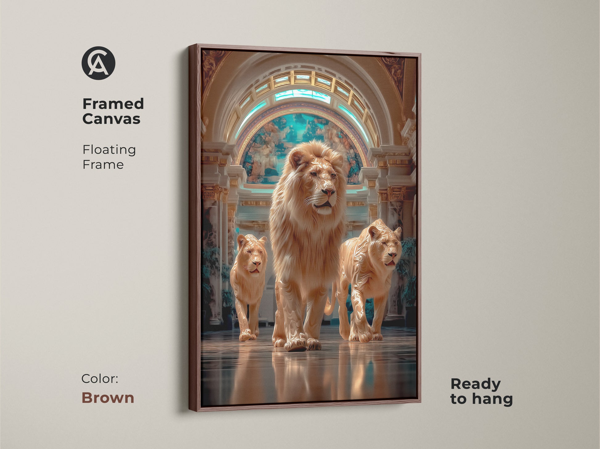 Framed canvas in brown color showcasing a photorealistic lion family. The floating frame makes it ready to hang. This wall artwork will bring wild elegance. The beige turquoise and gold tones create an eclectic style. Perfect as a housewarming gift for lovers of lion art.