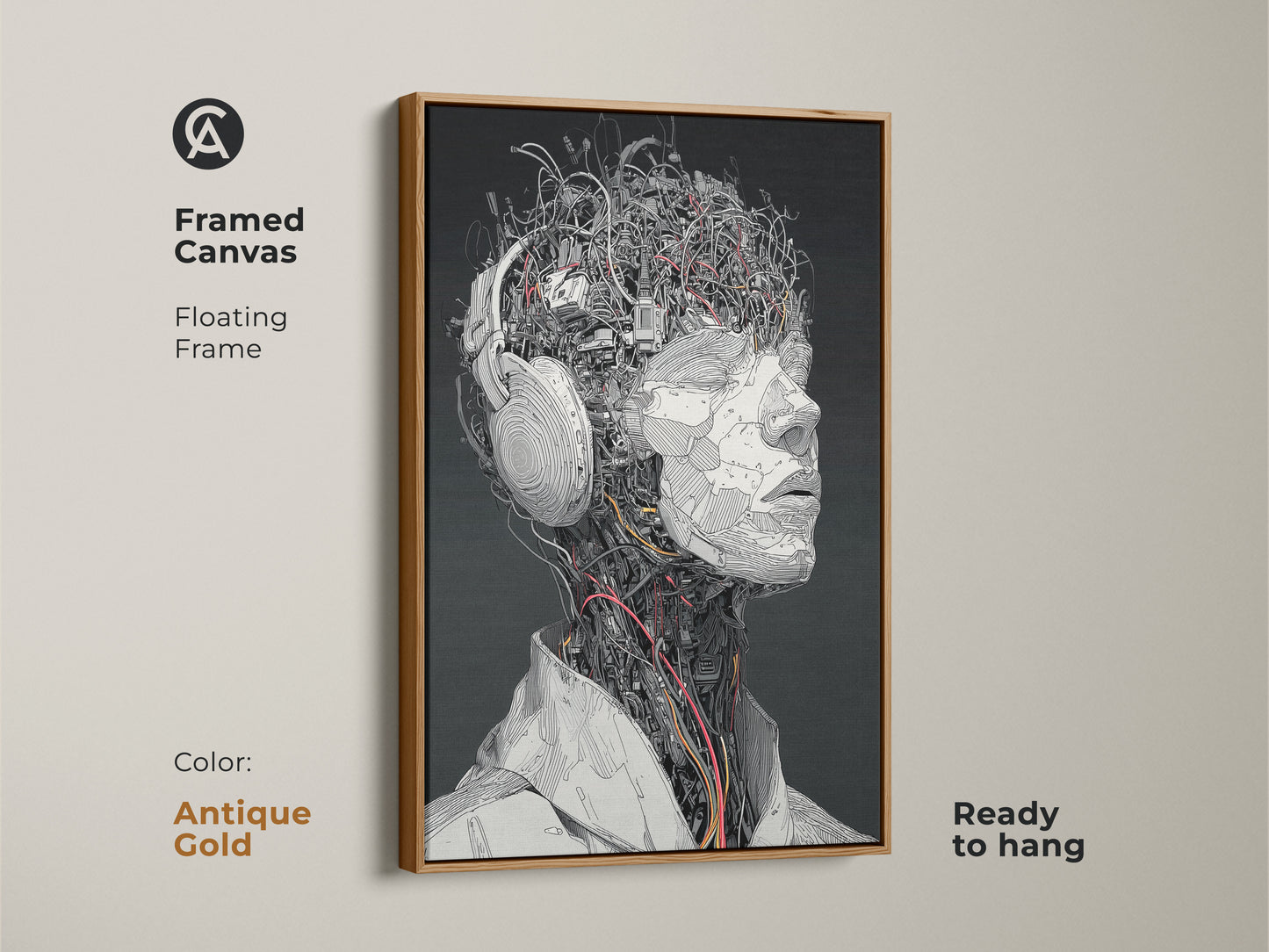 Framed canvas artwork featuring a cyborg head with headphones. This piece has an antique gold floating frame. It is ready to hang. The artwork has a unique and stylish look. This is ideal for art enthusiasts.