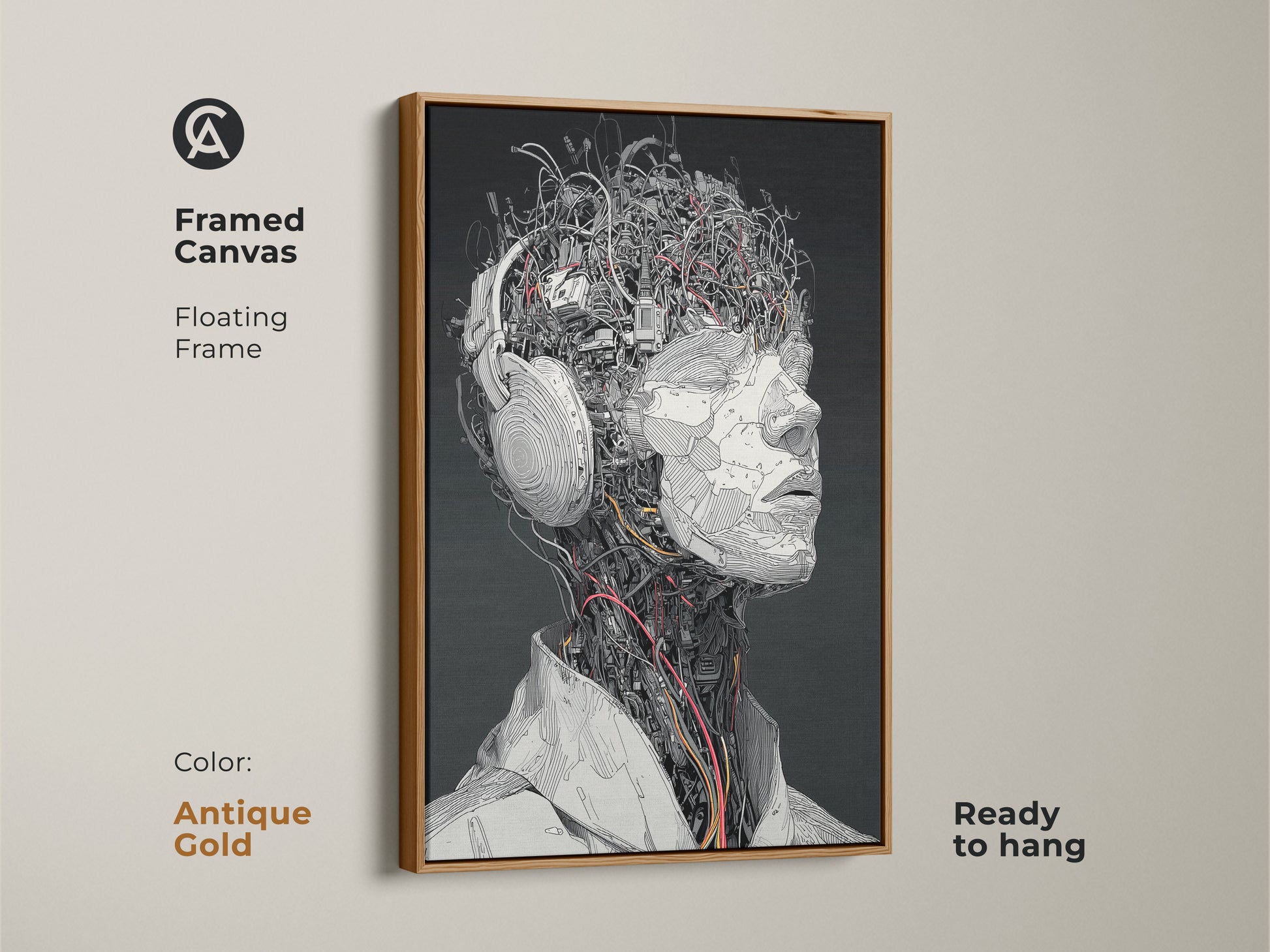 Framed canvas artwork featuring a cyborg head with headphones. This piece has an antique gold floating frame. It is ready to hang. The artwork has a unique and stylish look. This is ideal for art enthusiasts.