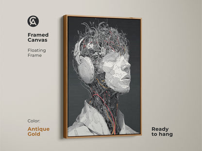Framed canvas artwork featuring a cyborg head with headphones. This piece has an antique gold floating frame. It is ready to hang. The artwork has a unique and stylish look. This is ideal for art enthusiasts.