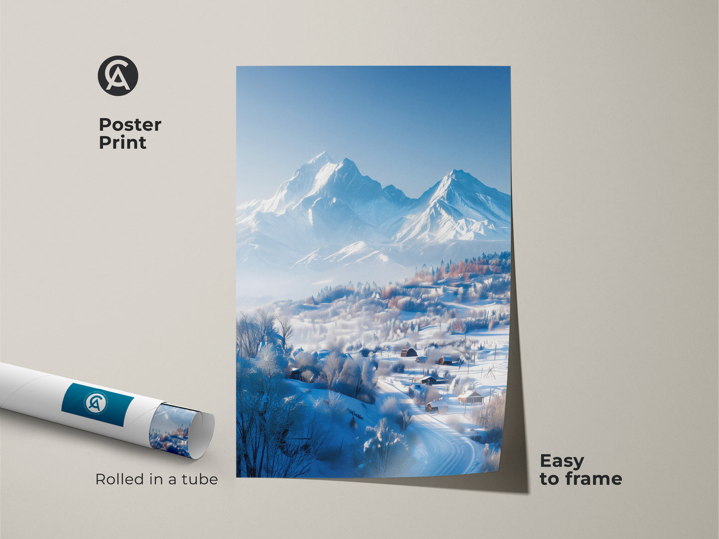 Poster print displays a winter mountain artwork rolled in a tube. This museum-quality paper print is easy to frame. The poster is perfect for art collectors and winter scenery enthusiasts. Buy this poster to elevate your space.