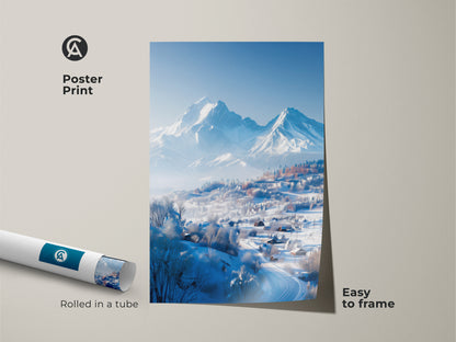Poster print displays a winter mountain artwork rolled in a tube. This museum-quality paper print is easy to frame. The poster is perfect for art collectors and winter scenery enthusiasts. Buy this poster to elevate your space.