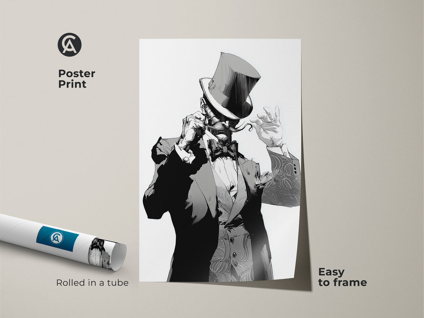 Art Deco gentleman poster print rolled in a tube. This black and white portrait art is easy to frame. Featuring a top hat character print. A vintage-style gentleman artwork is perfect for any art lover. Add gothic style wall art to your eclectic home office decor. Sophisticated man cave art.