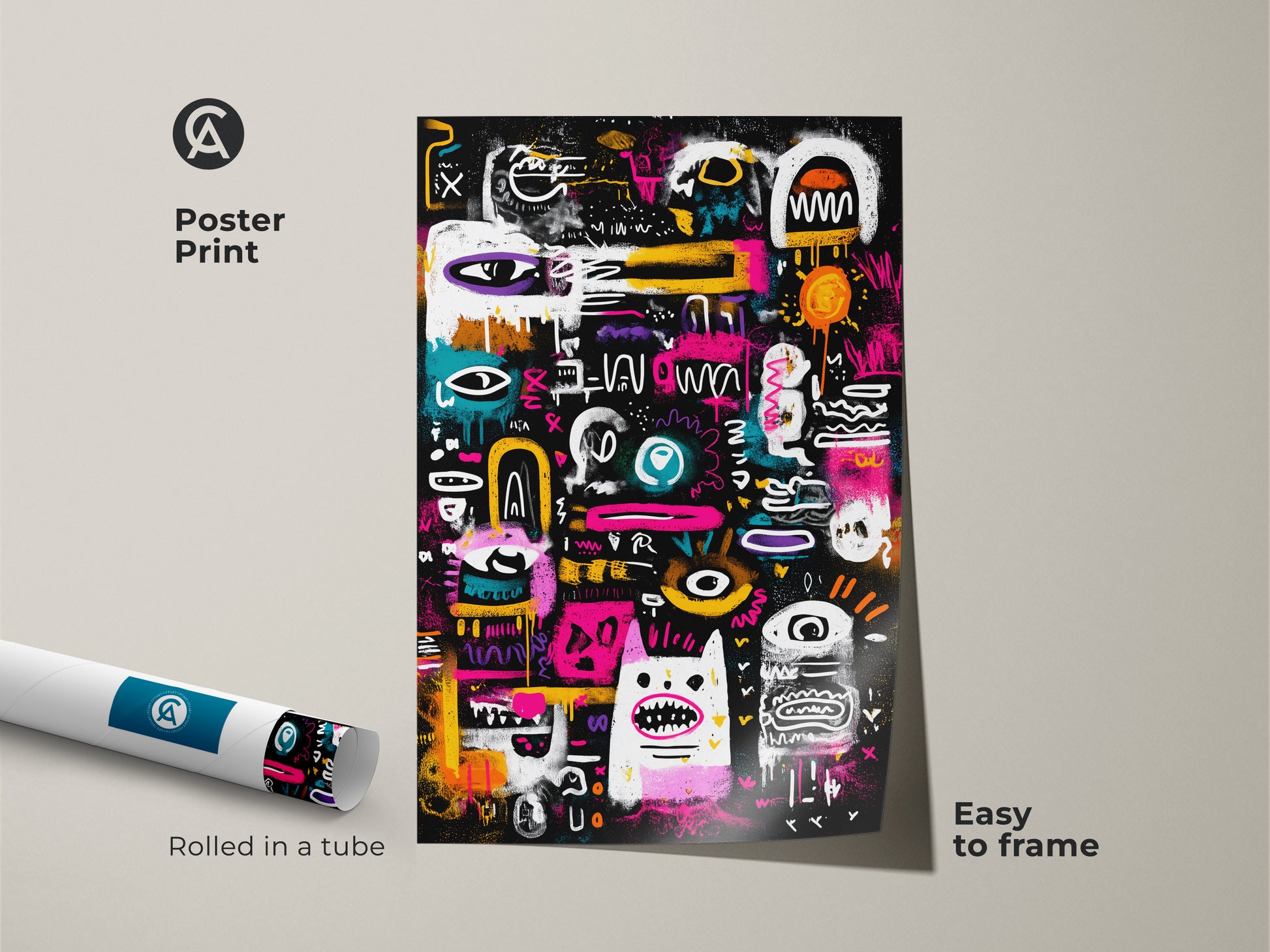 Poster print rolled in a tube. The artwork features a black background with colorful graffiti-style art. It is easy to frame and will add a pop of color to any space. Shop now for affordable art.