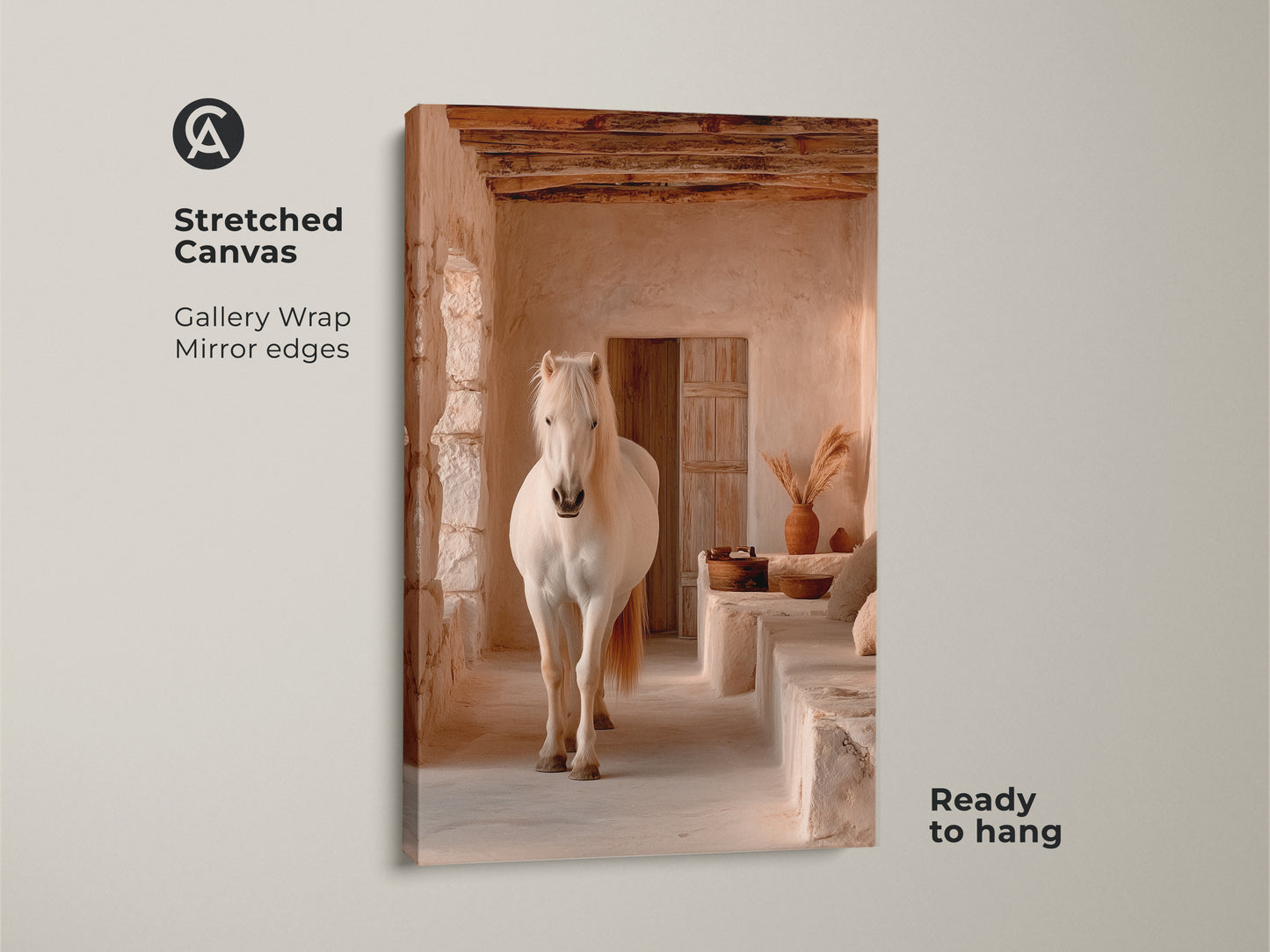 Stretched canvas of rustic horse artwork. Gallery wrapped with mirror edges. The boho horse canvas print is ready to hang. Cream tan beige art brings nature indoors. Ideal for neutral interior decor and equestrian wall decor.