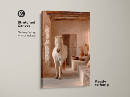 Stretched canvas of rustic horse artwork. Gallery wrapped with mirror edges. The boho horse canvas print is ready to hang. Cream tan beige art brings nature indoors. Ideal for neutral interior decor and equestrian wall decor.