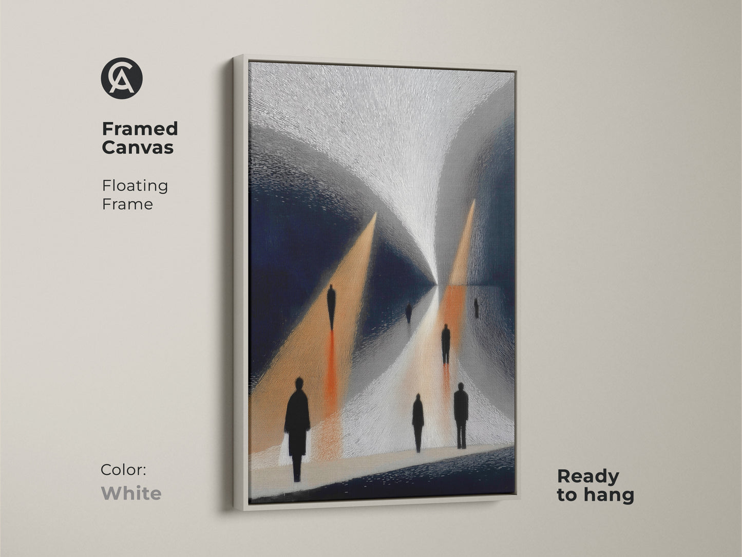 Framed Canvas with a White Floating Frame displaying Gold Navy Abstract Art. Minimalist figures are walking a surreal path. A contemporary silhouette canvas adds a sophisticated touch. This is a great housewarming gift art print ready to hang.