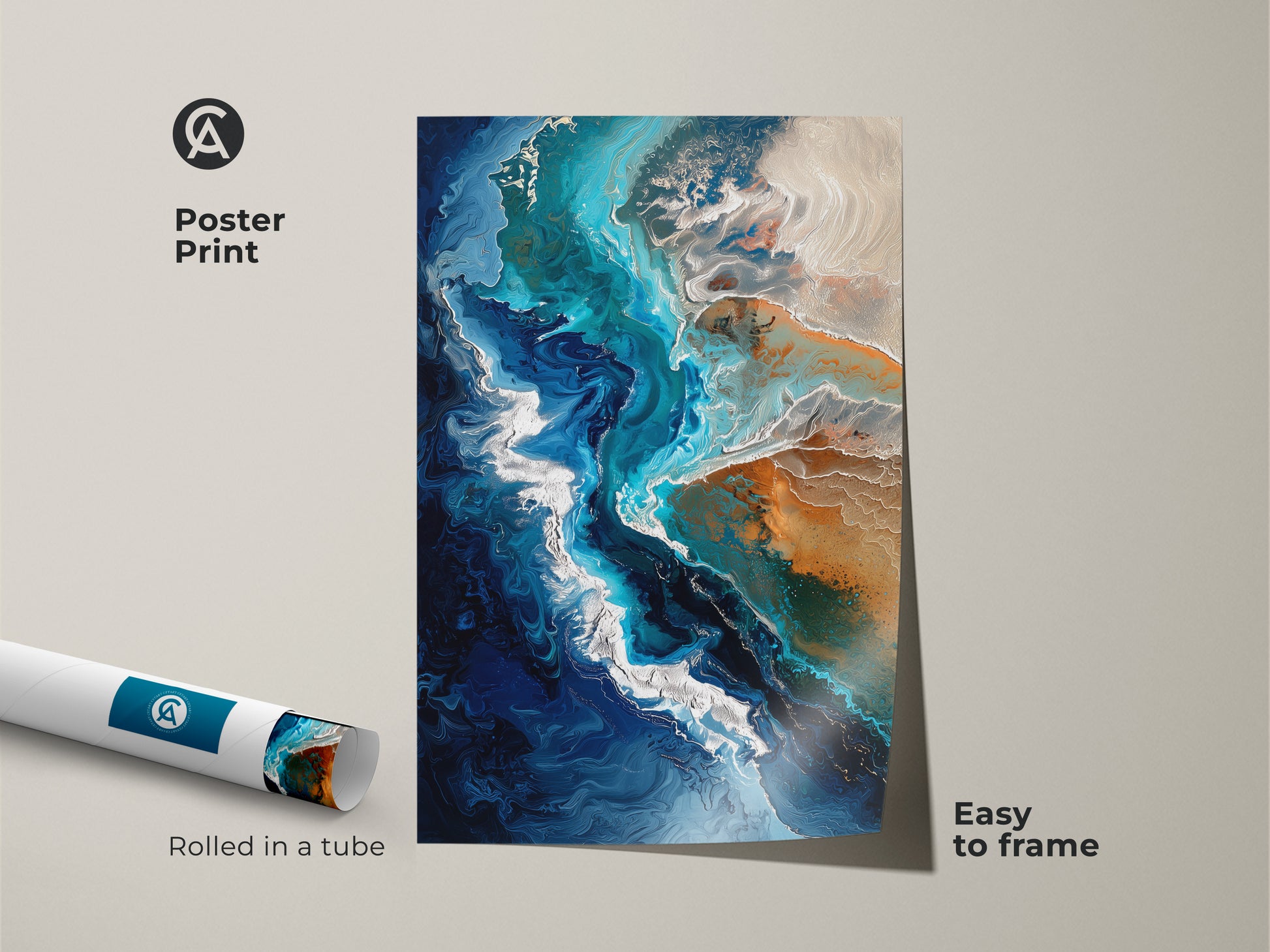 Poster print of teal blue abstract ocean artwork. Rolled in a tube for protection this sandy beige fluid art is easy to frame. Coastal wall art for beach lovers.