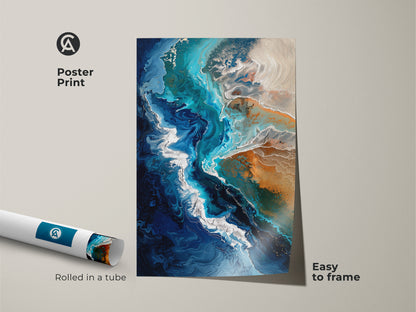 Poster print of teal blue abstract ocean artwork. Rolled in a tube for protection this sandy beige fluid art is easy to frame. Coastal wall art for beach lovers.