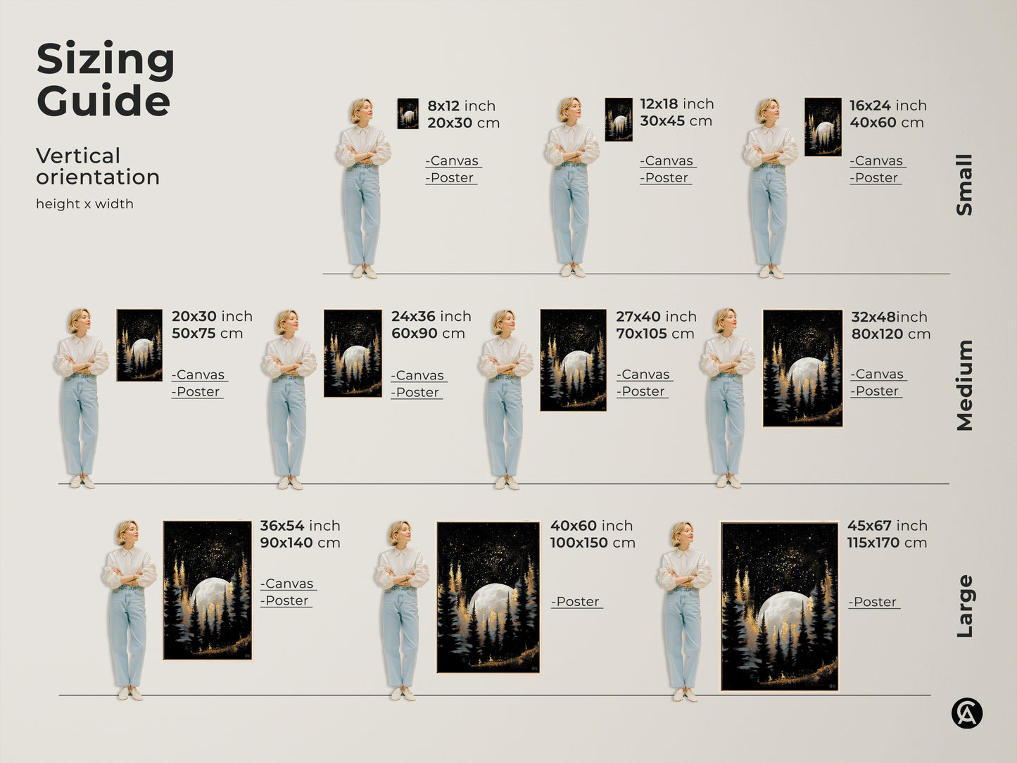 Find the perfect size for your celestial moon and pine trees artwork with our sizing guide. This gold galaxy forest art print is available in various vertical orientations. It suits any space from small to large. Discover the ideal fit for your canvas or poster and transform your walls.