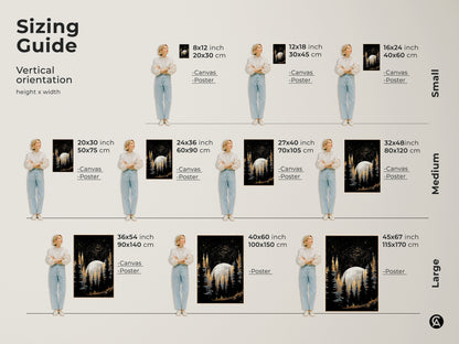 Find the perfect size for your celestial moon and pine trees artwork with our sizing guide. This gold galaxy forest art print is available in various vertical orientations. It suits any space from small to large. Discover the ideal fit for your canvas or poster and transform your walls.