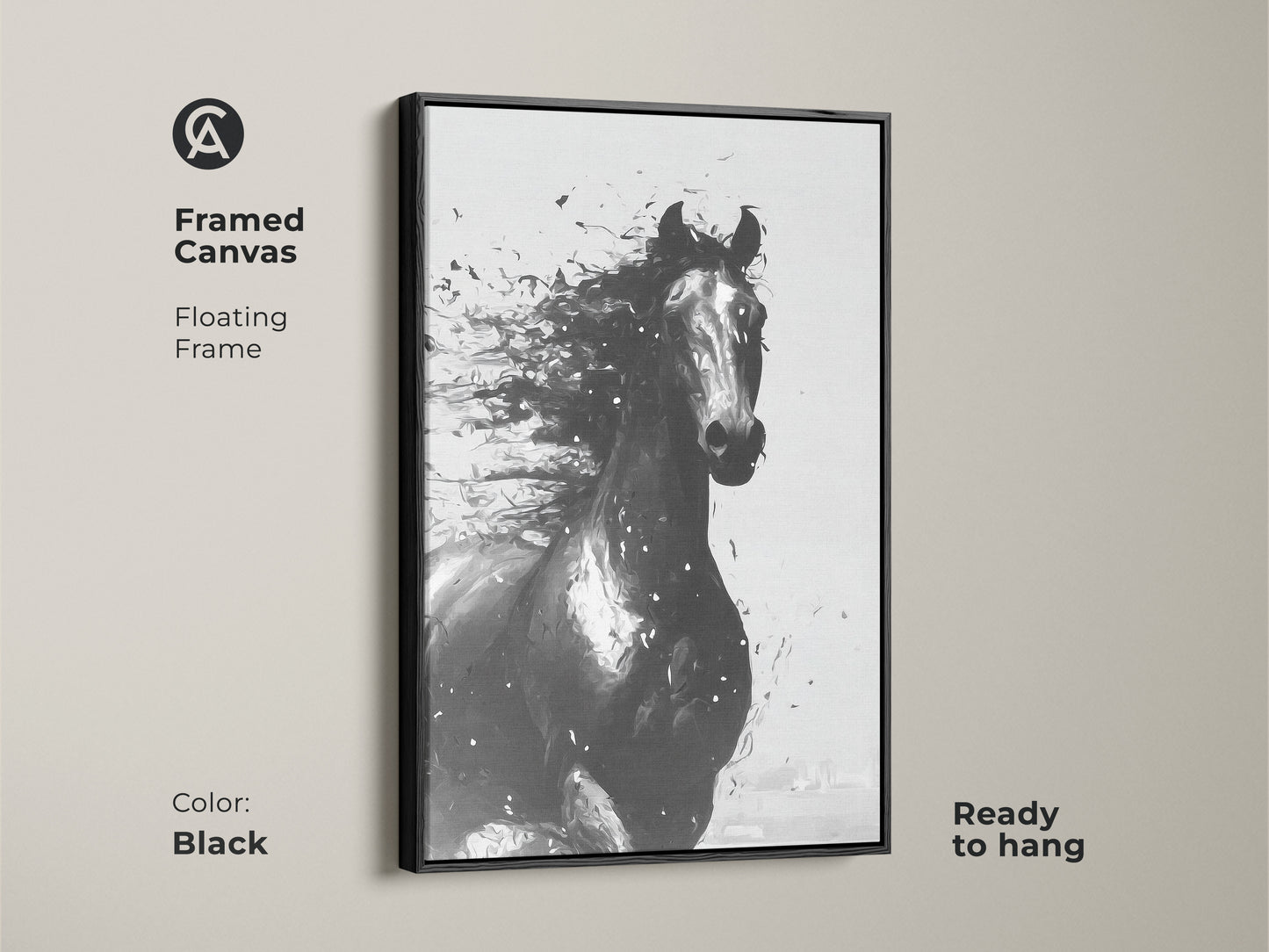 Framed canvas of abstract horse art in black. Floating frame enhances contemporary equine artwork. Ready to hang animal wall art for modern interiors. Ideal gift for equestrians home decor.