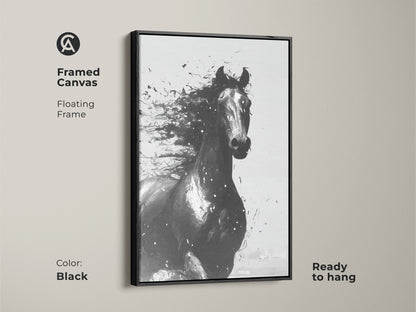 Framed canvas of abstract horse art in black. Floating frame enhances contemporary equine artwork. Ready to hang animal wall art for modern interiors. Ideal gift for equestrians home decor.