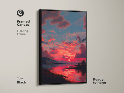 Framed canvas showcasing a contemporary landscape painting of a dramatic crimson sunset. The floating frame enhances this expressive nature painting. Ready to hang this skyscape landscape print is perfect for residential wall art. This piece adds a touch of modern elegance to any room.