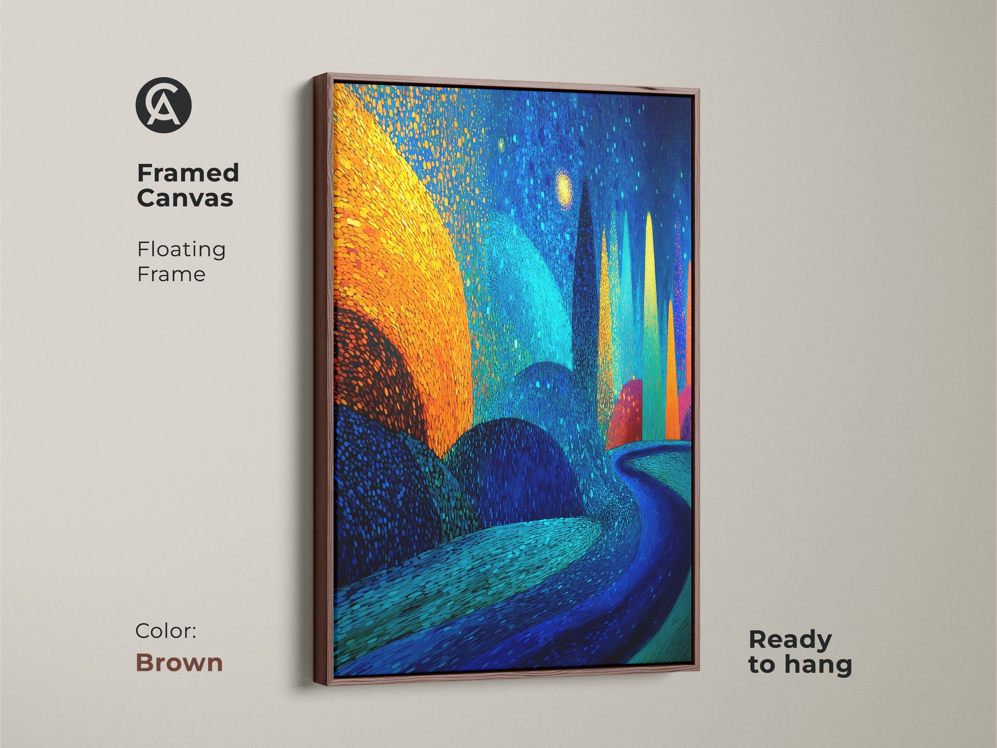 Brown framed canvas showcasing abstract forest scenery. A floating frame enhances the vibrant abstract landscape. This gold and blue wall decor is ready to hang and adds a unique art for home office or living room.