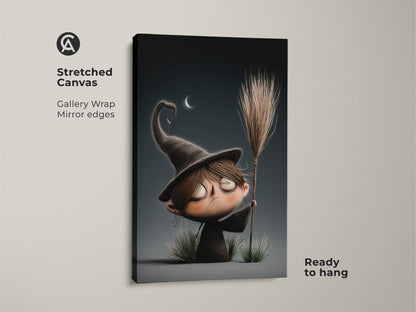 This stretched canvas art shows a gallery wrap of a cute cartoon witch. The spooky nursery wall decor is ready to hang. The dark academia gift featuring a witch and broomstick adds character. It's a perfect piece of kids fantasy art. Ideal for Halloween or year-round display.