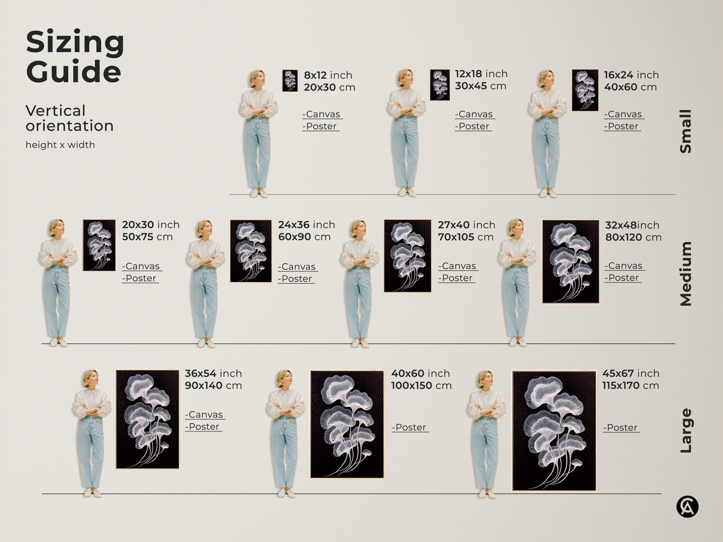 Sizing guide for minimalist botanical art prints. Vertical orientation available in canvas and poster options. Choose from sizes like 8x12 12x18 and 16x24 inches. Find the perfect fit for your space. Shop ginkgo leaf artwork today.