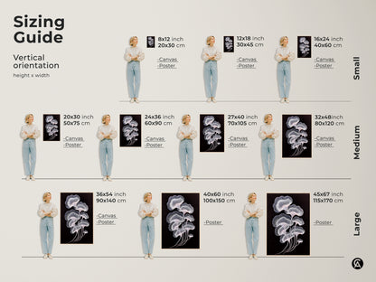 Sizing guide for minimalist botanical art prints. Vertical orientation available in canvas and poster options. Choose from sizes like 8x12 12x18 and 16x24 inches. Find the perfect fit for your space. Shop ginkgo leaf artwork today.