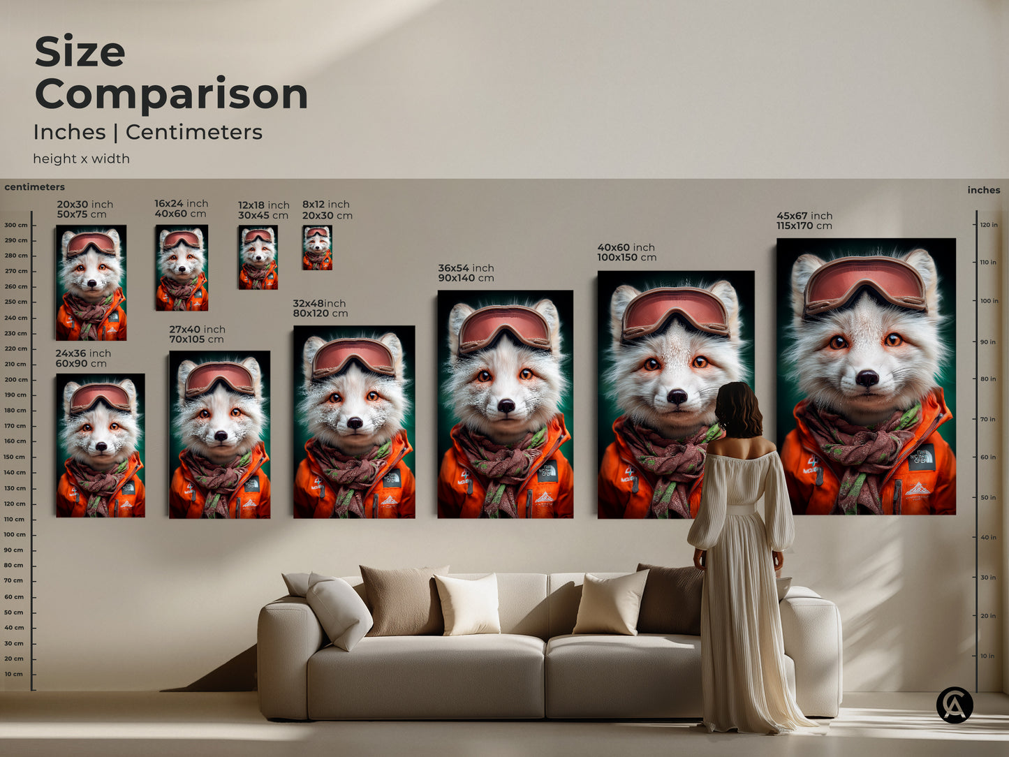 Size comparison of fox artwork. This winter wildlife print is available in inches and centimeters. Shows different sizes. Find the perfect fit for your space. Choose from canvas or poster options. This eclectic animal art is perfect for animal lovers and unique home decor.