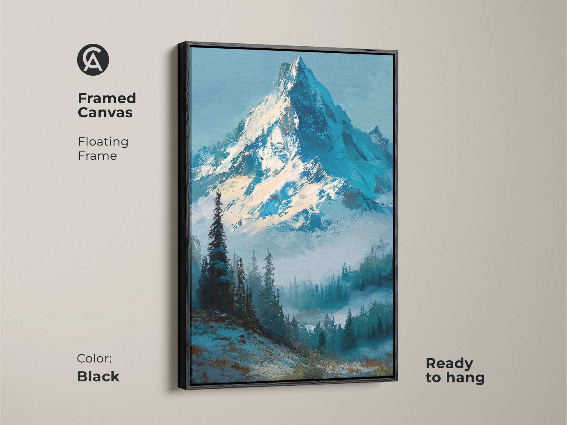 Framed canvas art of a snow-capped mountain in a black floating frame. Ready to hang and perfect for adding a touch of nature to your home. The mountain artwork brings the outdoors in. Elevate your wall decor with our framed mountain landscape art.