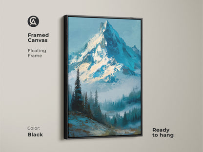 Framed canvas art of a snow-capped mountain in a black floating frame. Ready to hang and perfect for adding a touch of nature to your home. The mountain artwork brings the outdoors in. Elevate your wall decor with our framed mountain landscape art.