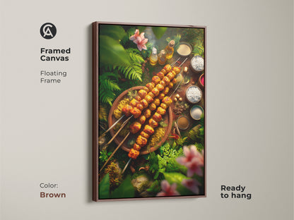 This is a framed canvas artwork with a brown floating frame. The artwork features grilled skewers surrounded by lush tropical plants. This ready-to-hang canvas would look great in a kitchen or dining area. It adds a touch of exotic cuisine and natural beauty to your home decor.