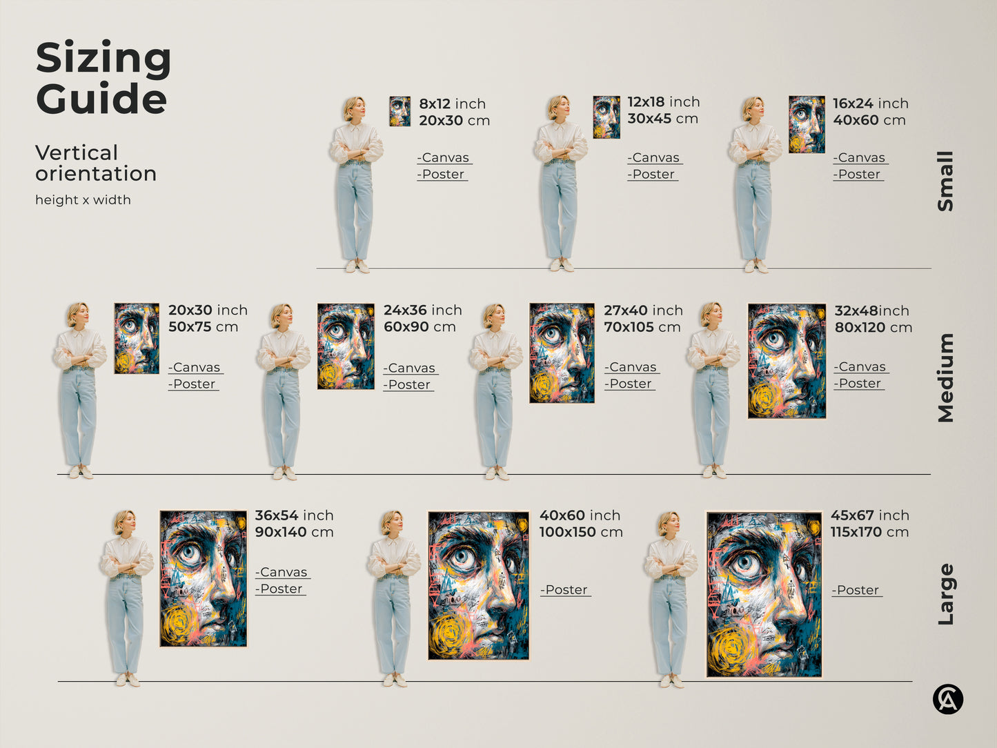 Sizing guide for vertical abstract face art. Visualize different sizes from small to large. Available as canvas or poster prints. Find the perfect fit for your space. Transform your home with captivating art prints.
