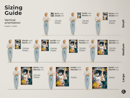 Sizing guide for vertical abstract face art. Visualize different sizes from small to large. Available as canvas or poster prints. Find the perfect fit for your space. Transform your home with captivating art prints.