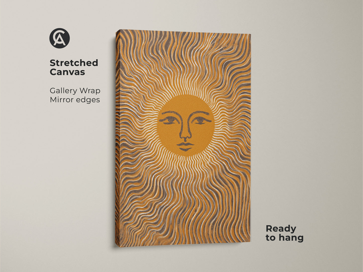 Stretched Canvas featuring an Abstract Sun Face with wavy lines. Its Mustard Yellow and Gray tones evoke a Boho Minimalist vibe. Ready to hang this celestial piece adds charm to any bedroom.  It is a unique Boho Wall Decor.