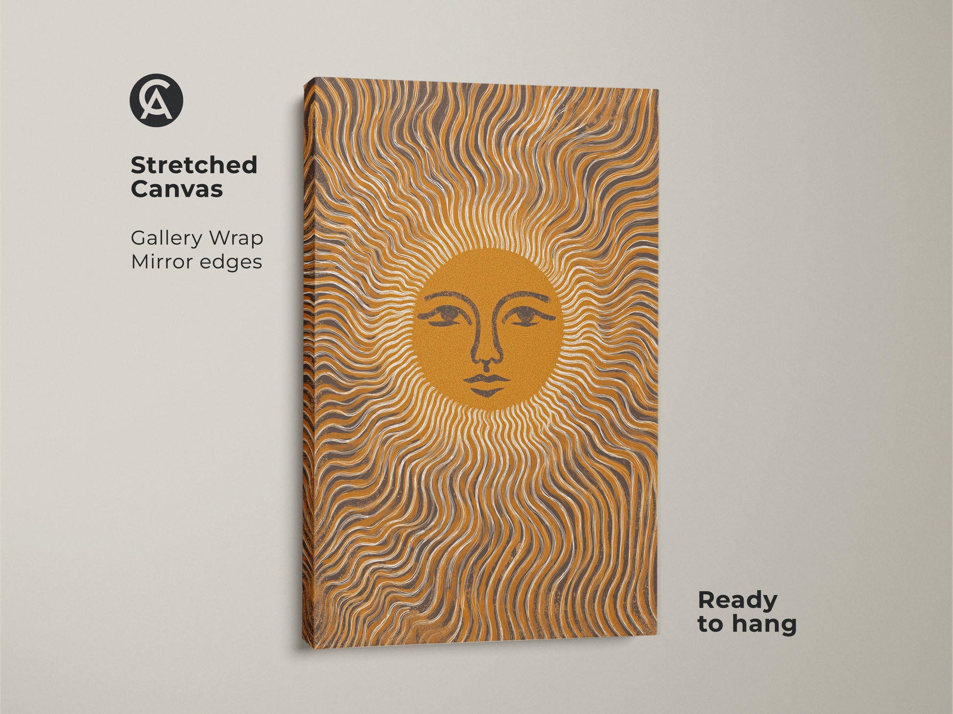 Stretched Canvas featuring an Abstract Sun Face with wavy lines. Its Mustard Yellow and Gray tones evoke a Boho Minimalist vibe. Ready to hang this celestial piece adds charm to any bedroom.  It is a unique Boho Wall Decor.