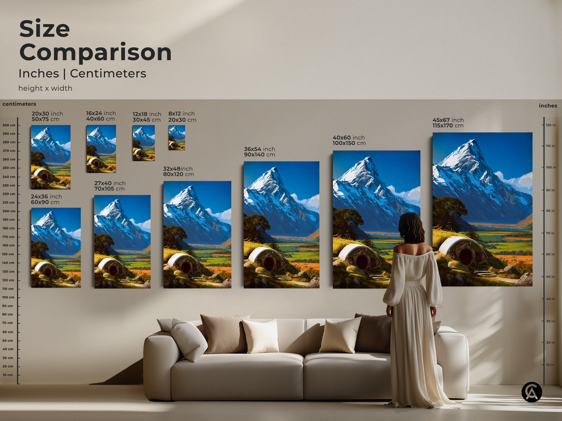 Size comparison of Hobbit Hole art prints with a snowy mountain backdrop. See how the sizes look in inches and centimeters. Visualize the art above a sofa. Available in various dimensions this fantasy art is perfect for adding a cozy touch to your living room or bedroom decor.
