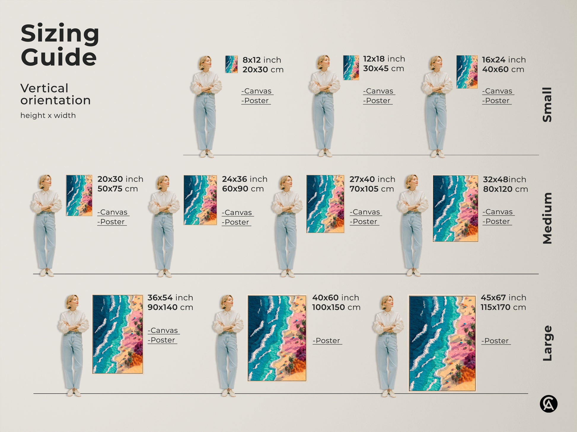 Sizing guide for vertical beach artwork. Available in canvas and poster options. Sizes range from small to large. Find the perfect fit for your space with our art sizing guide.