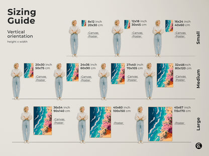 Sizing guide for vertical beach artwork. Available in canvas and poster options. Sizes range from small to large. Find the perfect fit for your space with our art sizing guide.