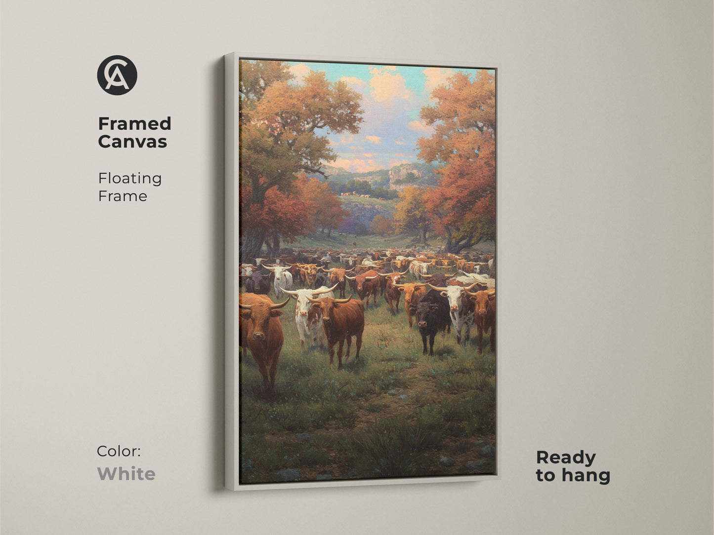 Framed canvas in white displaying a longhorn cattle herd in a fall landscape. This ready to hang floating frame enhances the farmhouse decor. This traditional realism painting complements a warm earthy color palette. A thoughtful housewarming gift.