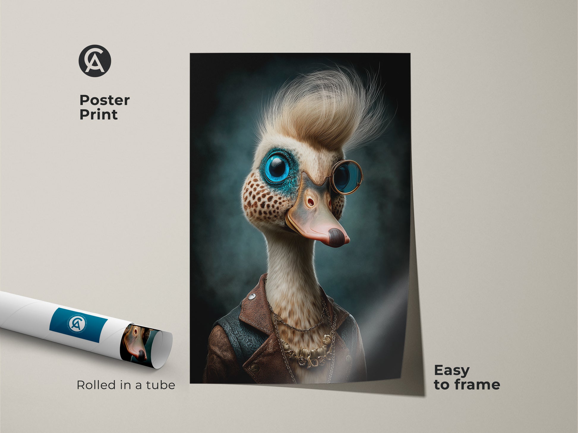 Steampunk duck art print rolled in a tube. This animal portrait canvas is a quirky decor piece. The monocle bird art is perfect for an eclectic office. The print is an ideal unique animal gift. The surrealism artwork is easy to frame and display.