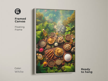 Framed in white this canvas artwork showcases an array of spices and ingredients. The floating frame offers a clean contrast to the jungle background. Ready to hang this piece brings a fresh modern touch to your home. This culinary-themed artwork brightens any room. Discover this unique wall art.
