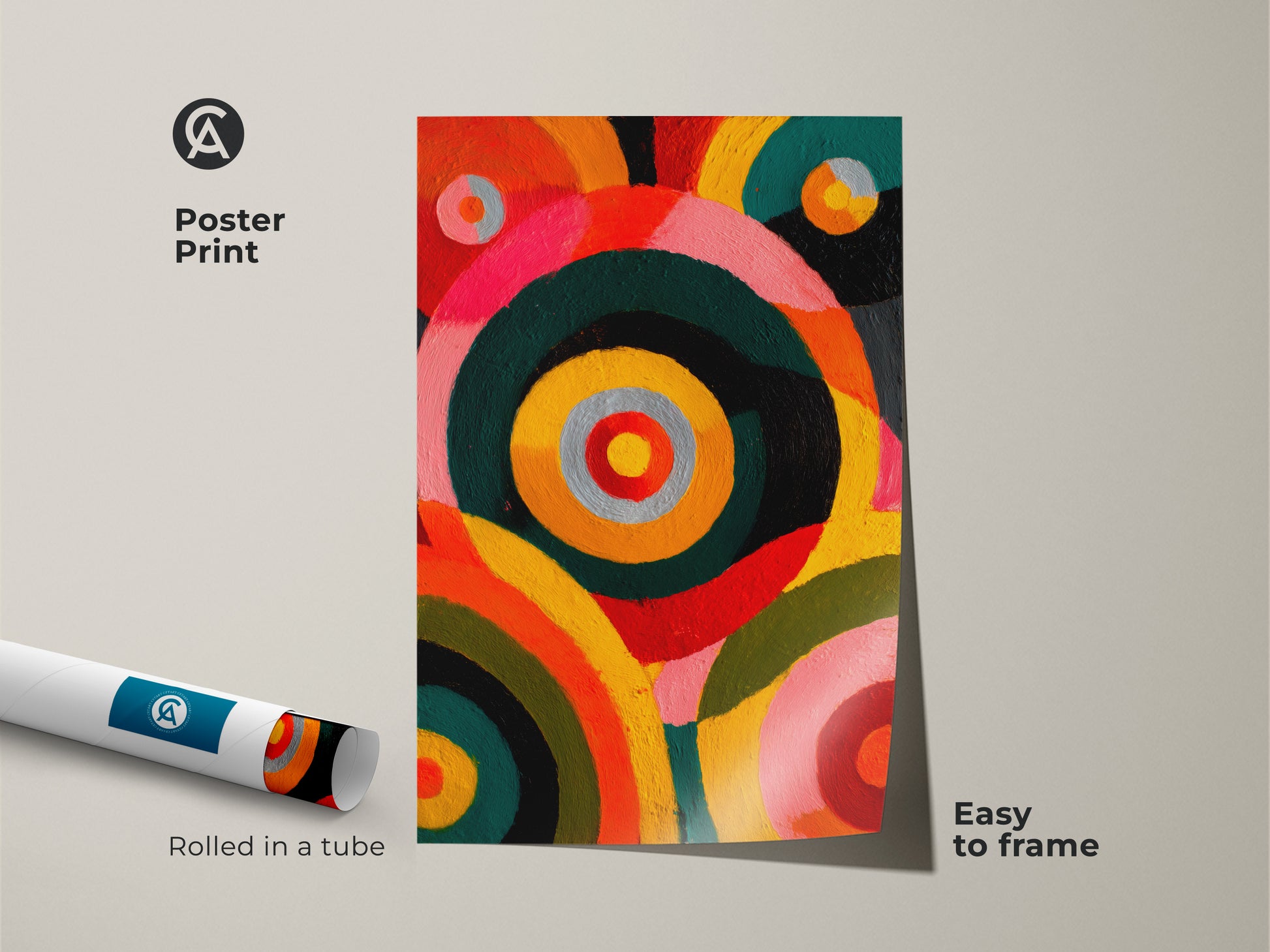 A poster print showcasing colorful wall art rolled in a tube. Easy to frame abstract circles art. Vibrant geometric artwork with orange yellow pink color burst art. Perfect mid-century modern art for an art lover's present.